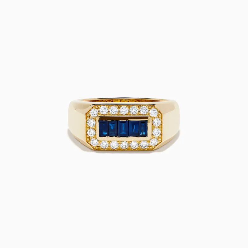 Men's 14K Yellow Gold Diamond and Baguette Blue Sapphire Ring made by Effy