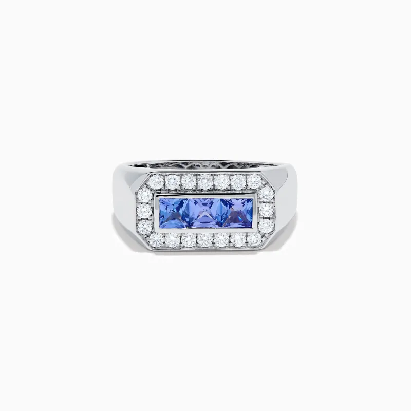 Men's 14K White Gold Princess Cut Tanzanite and Diamond Signet Ring made by Effy
