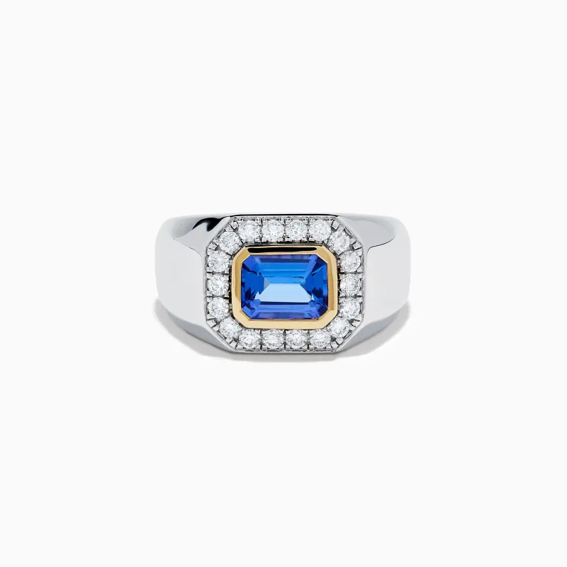 Men's 14K Two Tone Gold Emerald Cut Tanzanite and Diamond Ring made by Effy