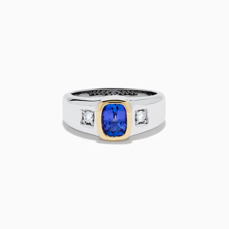 Men's 14K Two Tone Gold Cushion Cut Tanzanite and Diamond Ring made by Effy