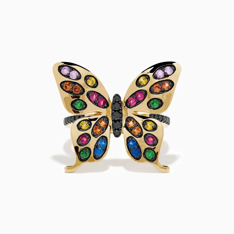 Watercolors 14K Yellow Gold Multi Sapphire and Black Diamond Butterfly Ring made by Effy