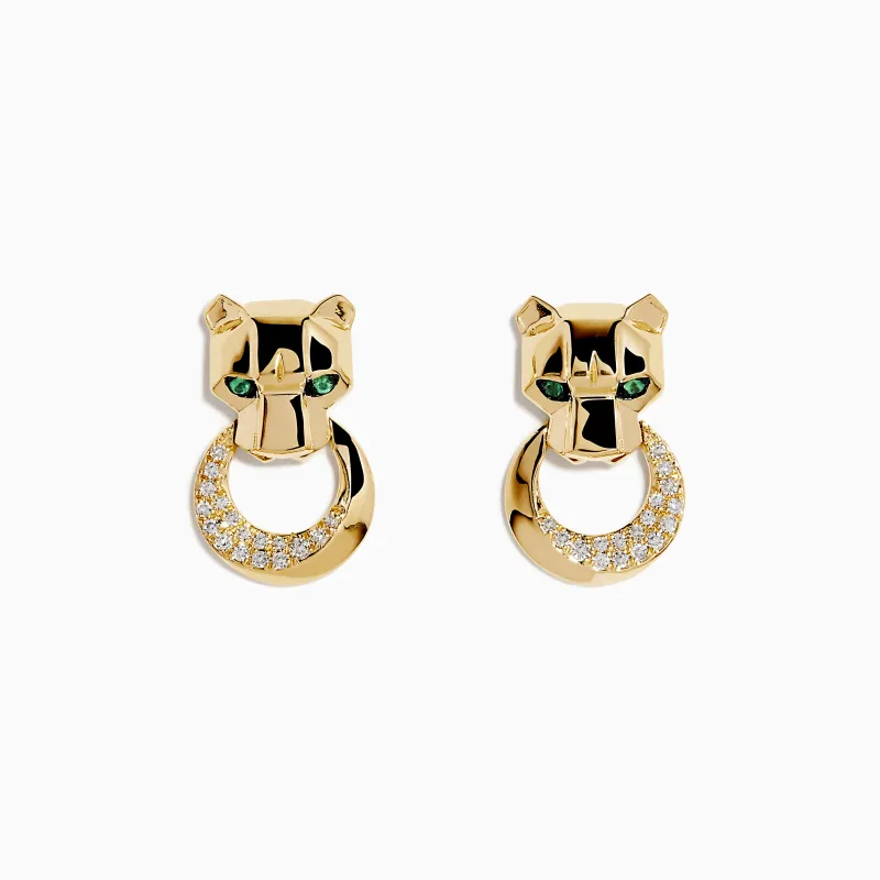 Signature 14K Yellow Gold Diamond and Emerald Panther Earrings made by Effy