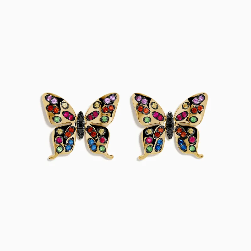 Watercolors 14K Yellow Gold Multi Sapphire and Black Diamond Butterfly Stud Earrings sold by Effy