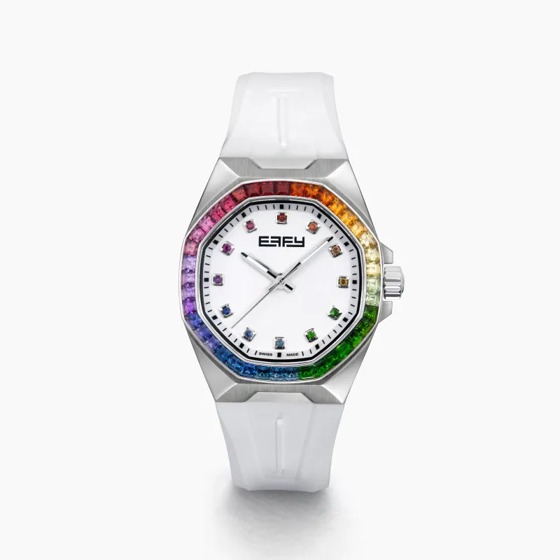 38MM Swiss Made Stainless Steel Automatic Watch with Rainbow Gemstones made by Effy