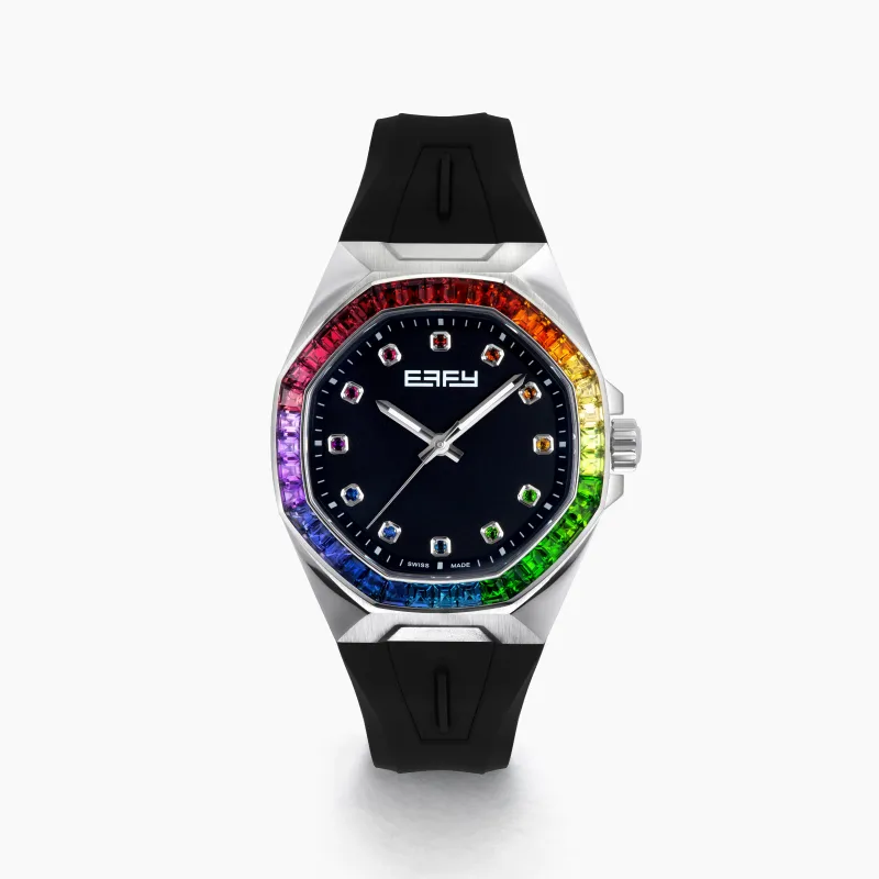 42MM Swiss Made Stainless Steel Automatic Watch with Rainbow Gemstones made by Effy