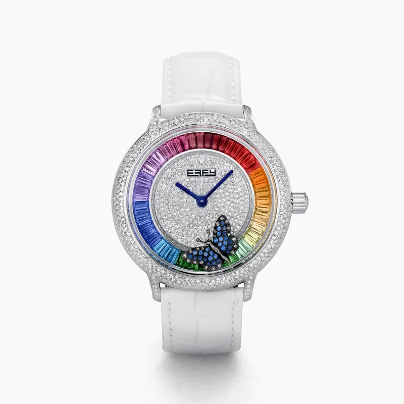 38MM Swiss Made Stainless Steel Rainbow Spinning Butterfly Watch with Rainbow Gemstones and Diamonds made by Effy