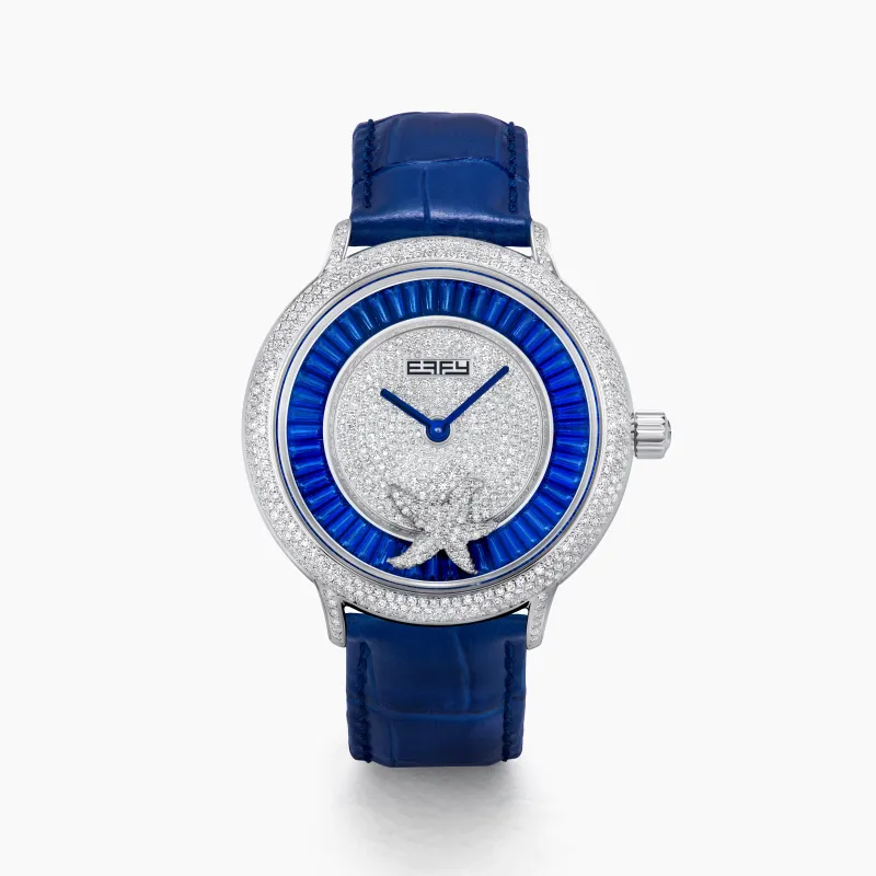 38MM Swiss Made Stainless Steel Spinning Starfish Watch with Diamonds and Blue Topaz made by Effy
