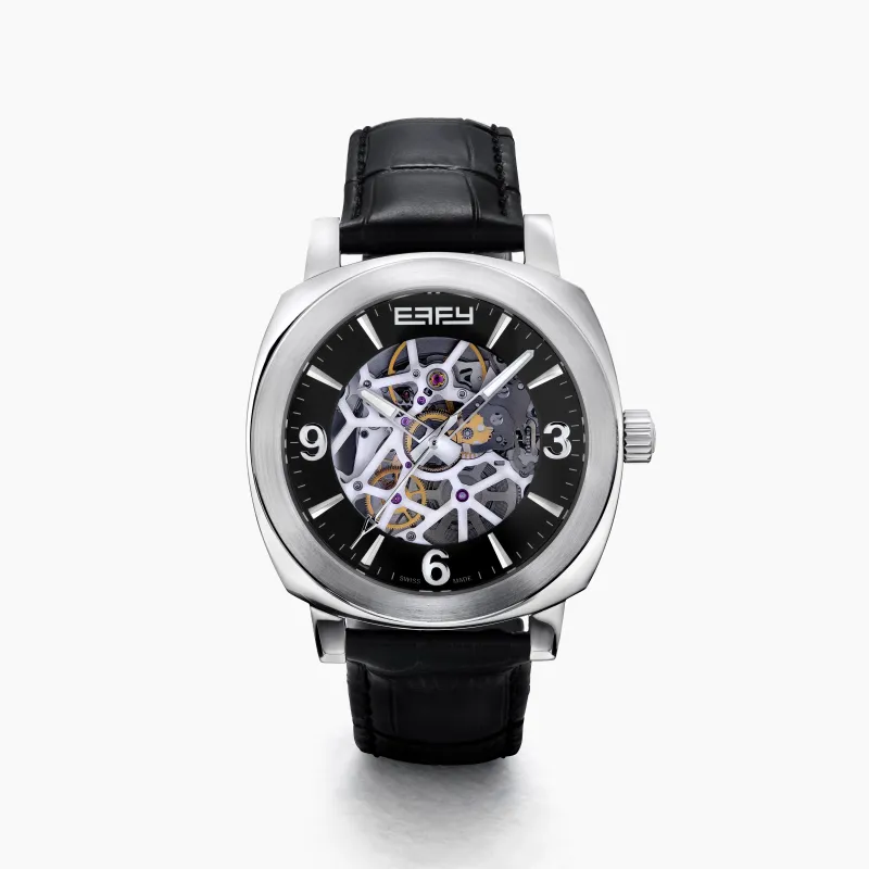 41MM Swiss Made Stainless Steel and Leather Automatic Skeleton Watch made by Effy