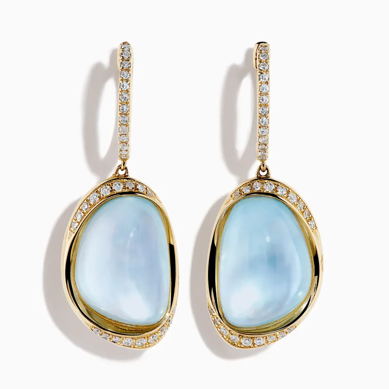 14K Yellow Gold Sky Blue Topaz and Mother of Pearl Doublet Drop Earrings made by Effy