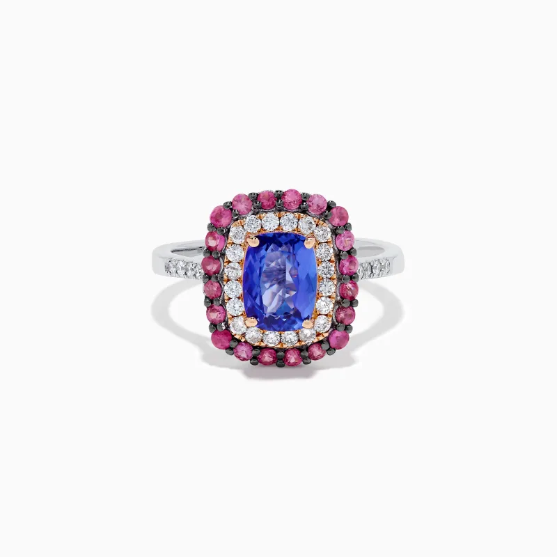 14K Two Tone Gold Tanzanite, Diamond, and Pink Sapphire Cushion Halo Ring sold by Effy