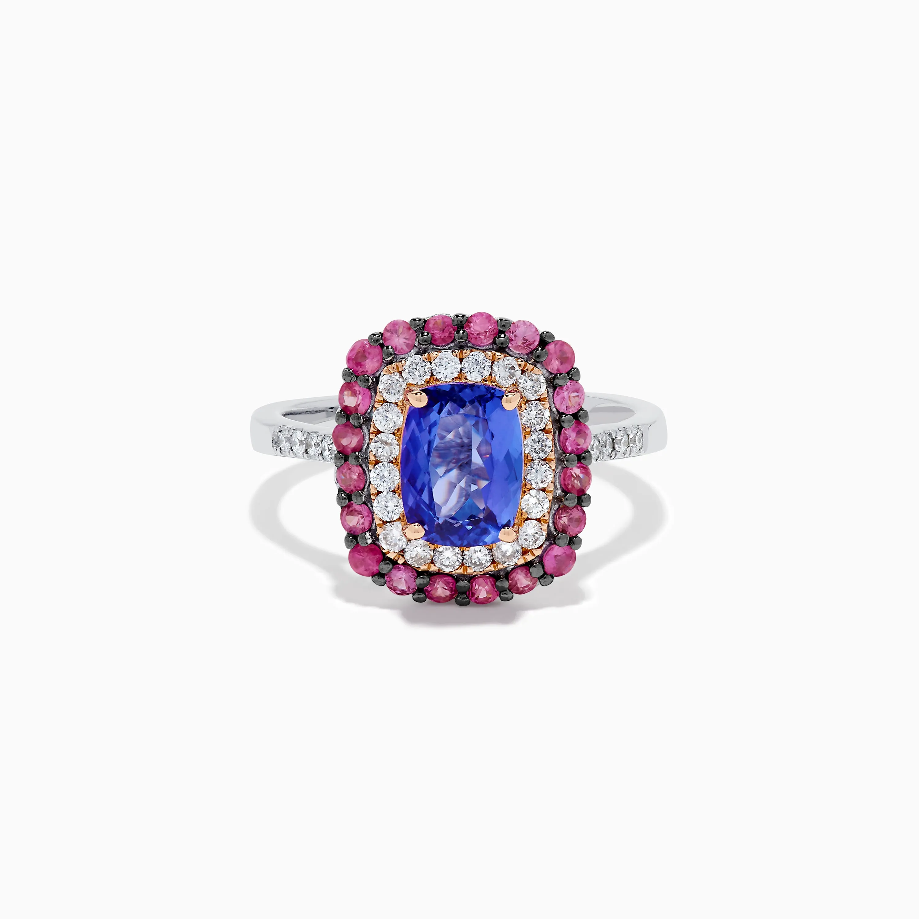 14K Two Tone Gold Tanzanite, Diamond, and Pink Sapphire Cushion Halo Ring sold by Effy