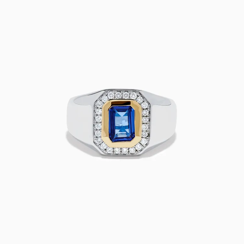 Men's 14K Two Tone Gold Tanzanite and Diamond Bezel Halo Ring made by Effy