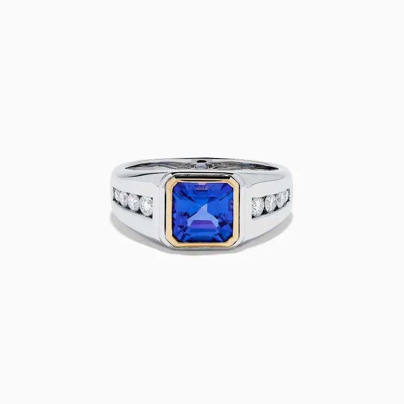 Men's 14K Two Tone Gold Bezel Set Tanzanite and Diamond Signet Ring made by Effy