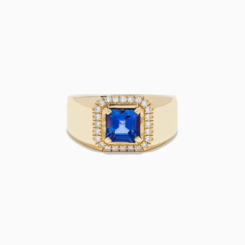 Men's 14K Yellow Gold Step Cut Tanzanite and Diamond Halo Signet Ring made by Effy