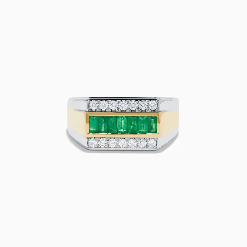 Men's Two Tone Gold Channel Set Emerald and Diamond Signet Ring sold by Effy