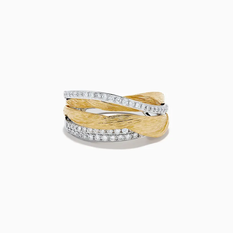 14K Two Tone Gold Diamond Textured Crossover Ring made by Effy