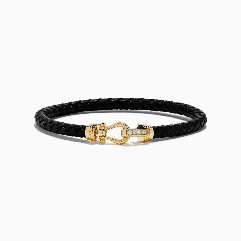 Men's 14K Yellow Gold Diamond Accented Horseshoe Leather Bracelet made by Effy