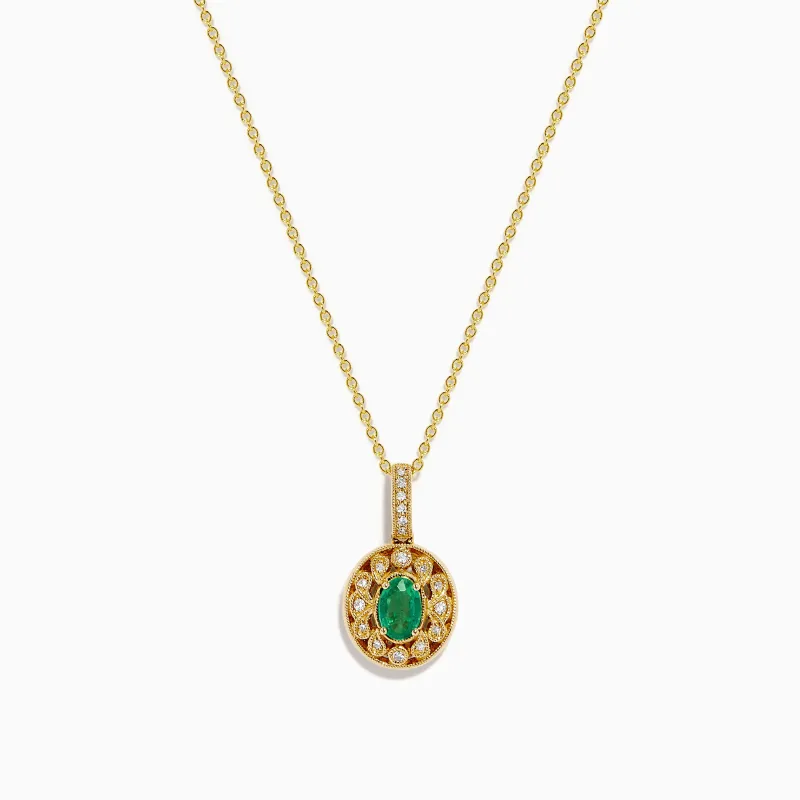 14K Yellow Gold Emerald and Diamond Filigree Halo Pendant made by Effy