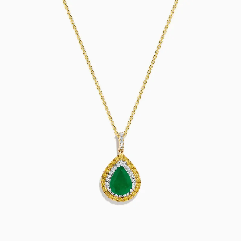 14K Two Tone Gold Emerald, Yellow, and White Diamond Double Halo Pendant made by Effy