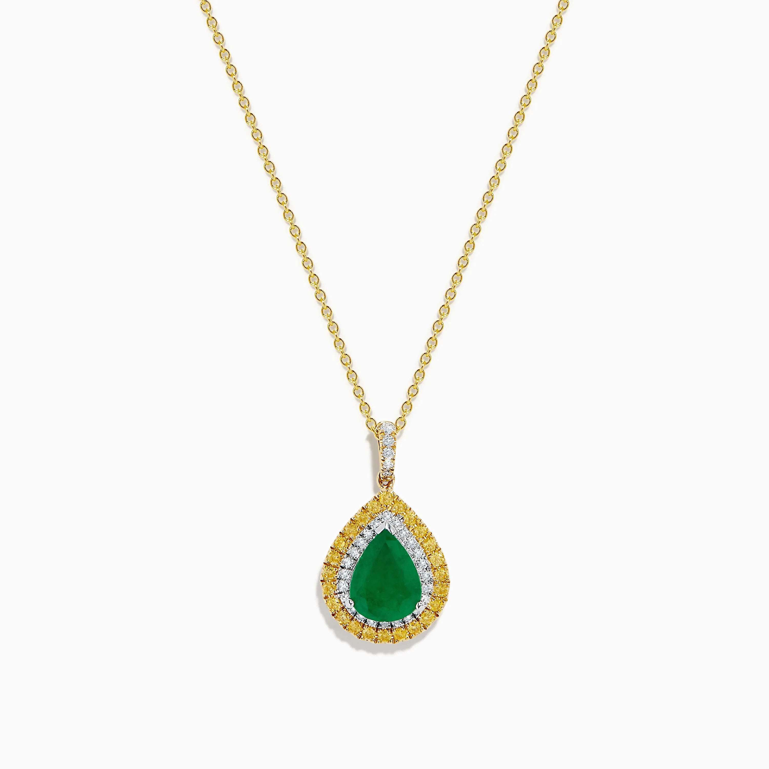 14K Two Tone Gold Emerald, Yellow, and White Diamond Double Halo Pendant sold by Effy