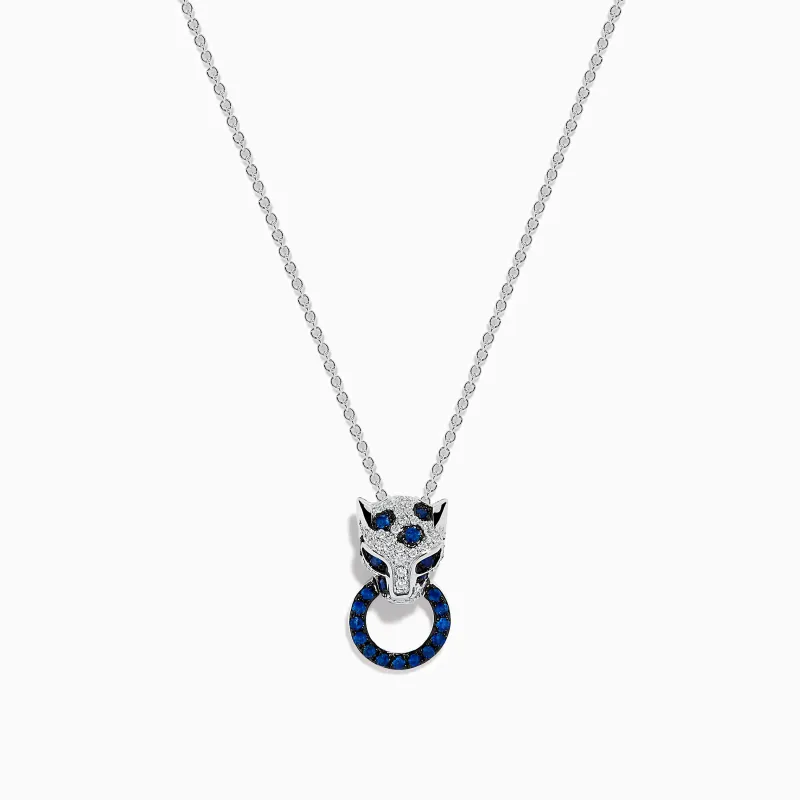 Signature 14K White Gold Blue Sapphire and Diamond Panther Pendant made by Effy