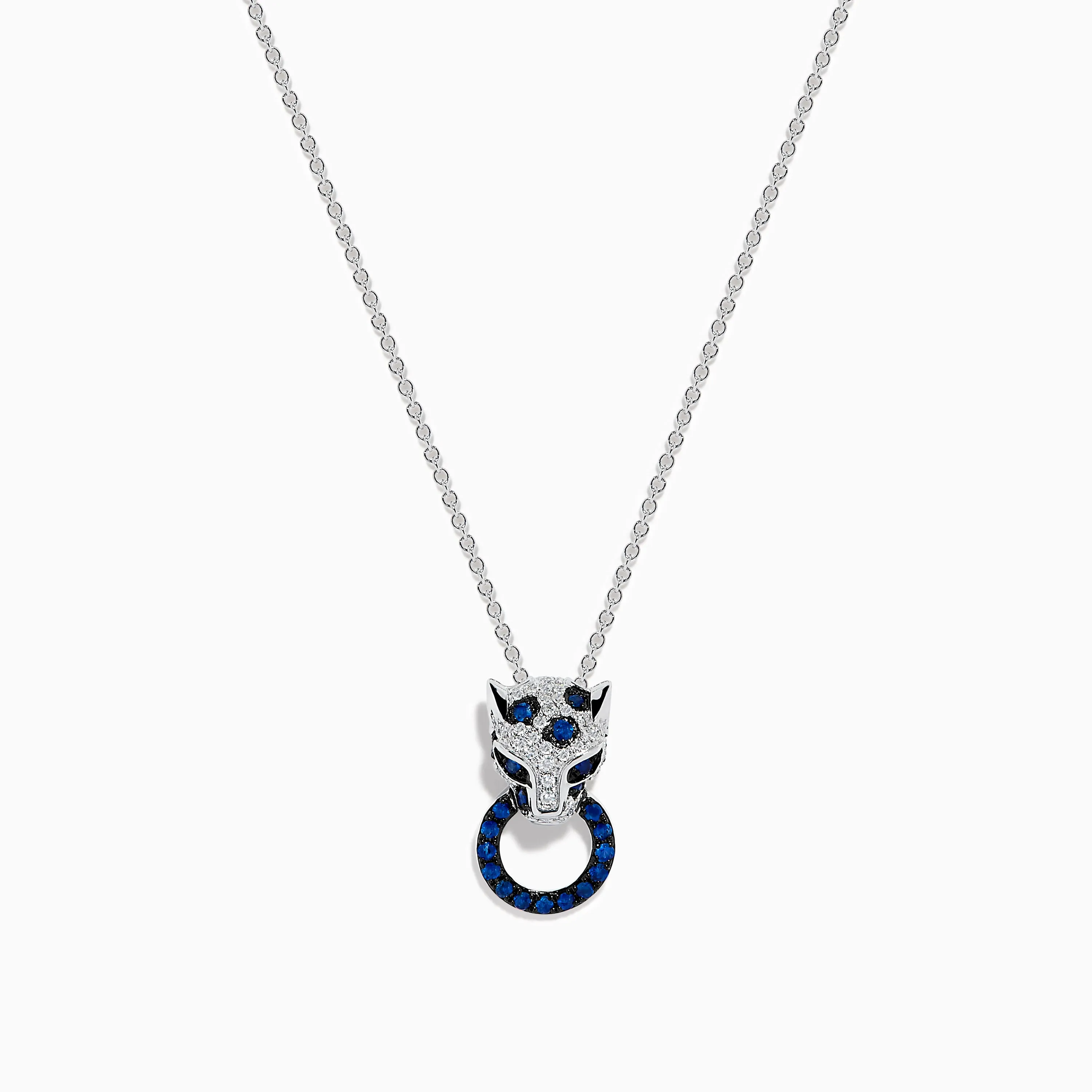 Signature 14K White Gold Blue Sapphire and Diamond Panther Pendant sold by Effy