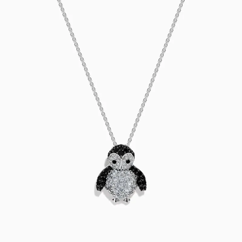 14K White Gold Diamond, White Sapphire, and Black Spinel Penguin Pendant made by Effy