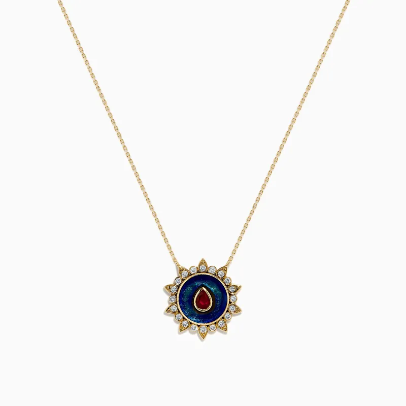 14K Yellow Gold Ruby, Diamond, and Enamel Pendant made by Effy