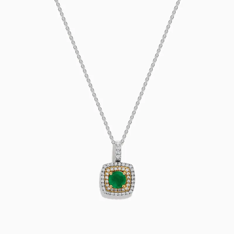14K Two Tone Gold Emerald and Diamond Double Halo Pendant made by Effy