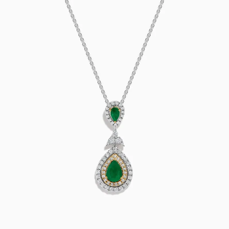 14K Two Tone Gold Emerald and Diamond Double Pear Drop Pendant made by Effy