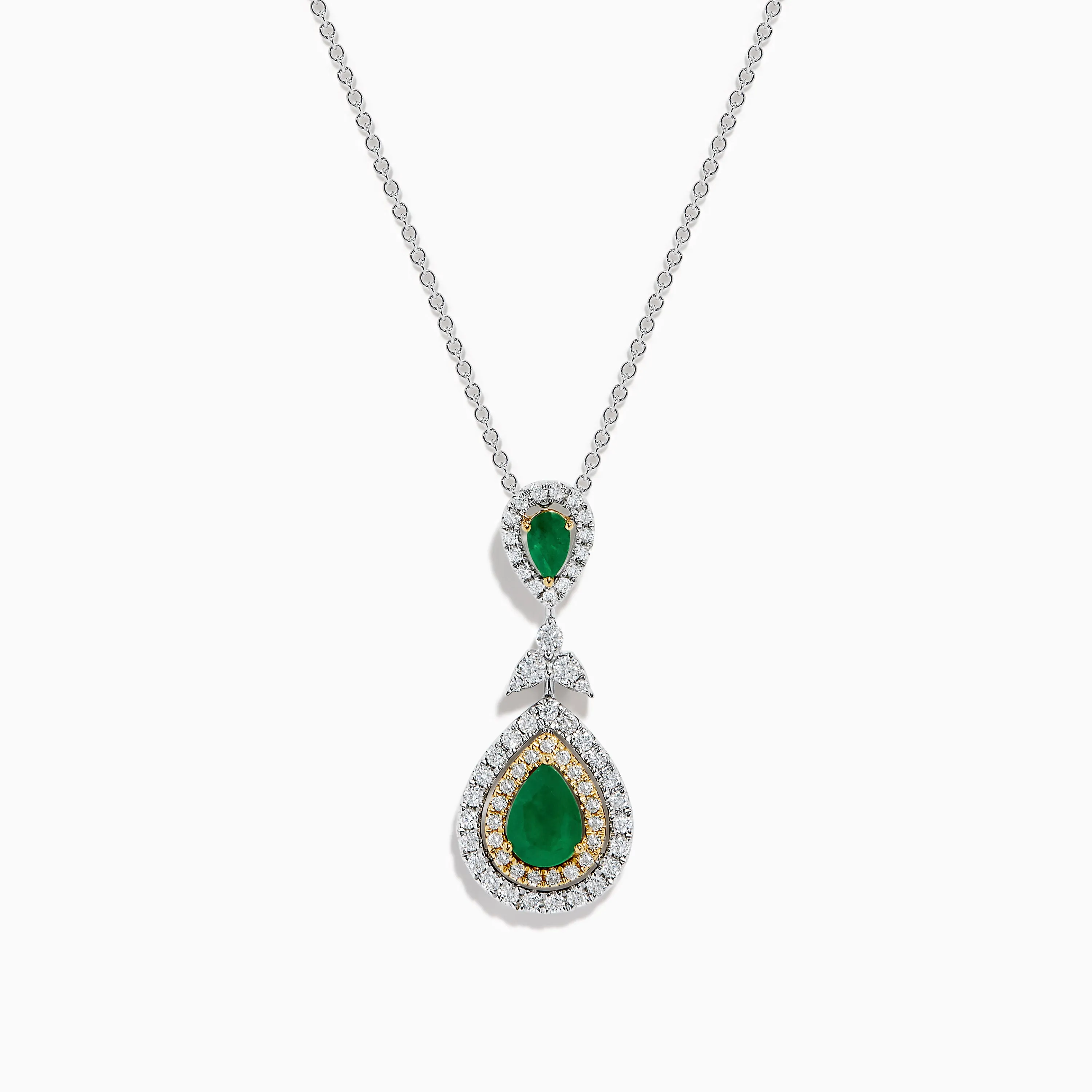14K Two Tone Gold Emerald and Diamond Double Pear Drop Pendant sold by Effy