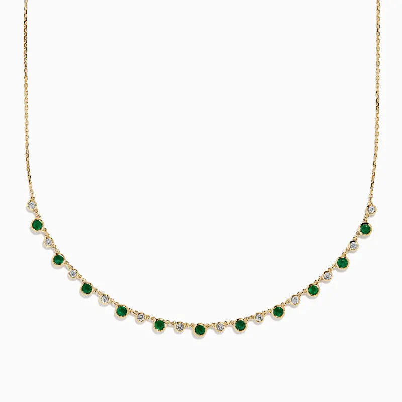 14K Yellow Gold Emerald and Diamond Bezel Set Station Necklace made by Effy