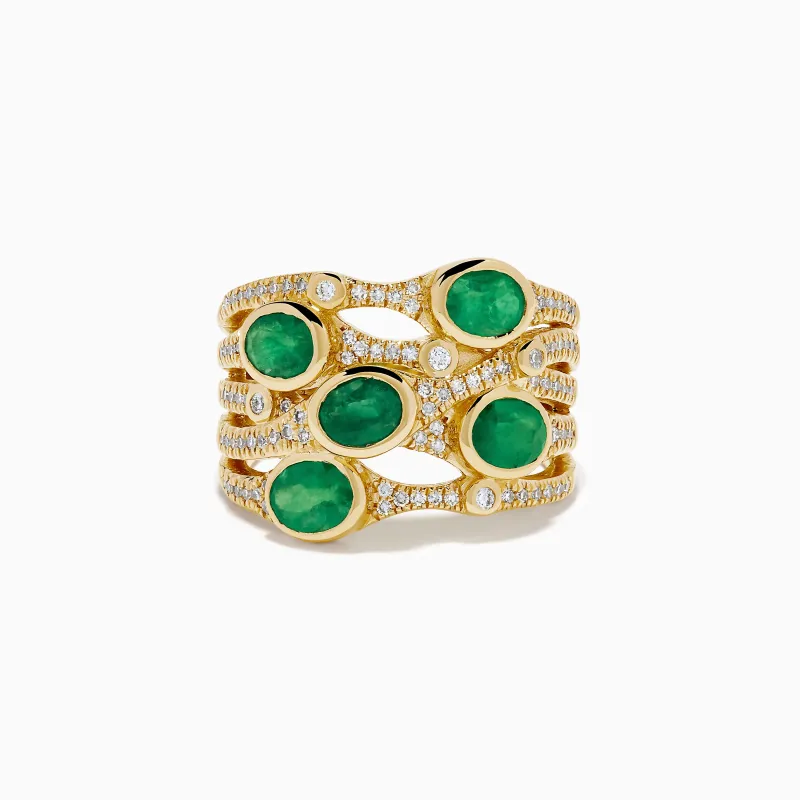 14K Yellow Gold Emerald and Diamond Multi Row Ring made by Effy