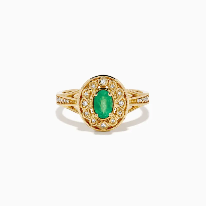 14K Yellow Gold Emerald and Diamond Filigree Halo Ring made by Effy