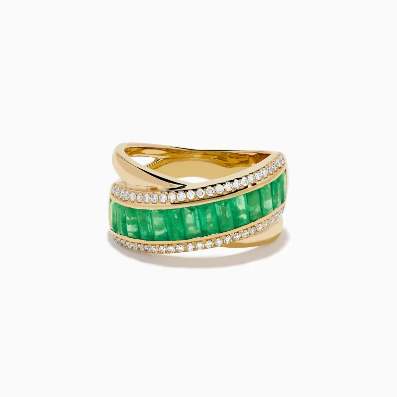 14K Yellow Gold Emerald and Diamond Crossover Ring made by Effy