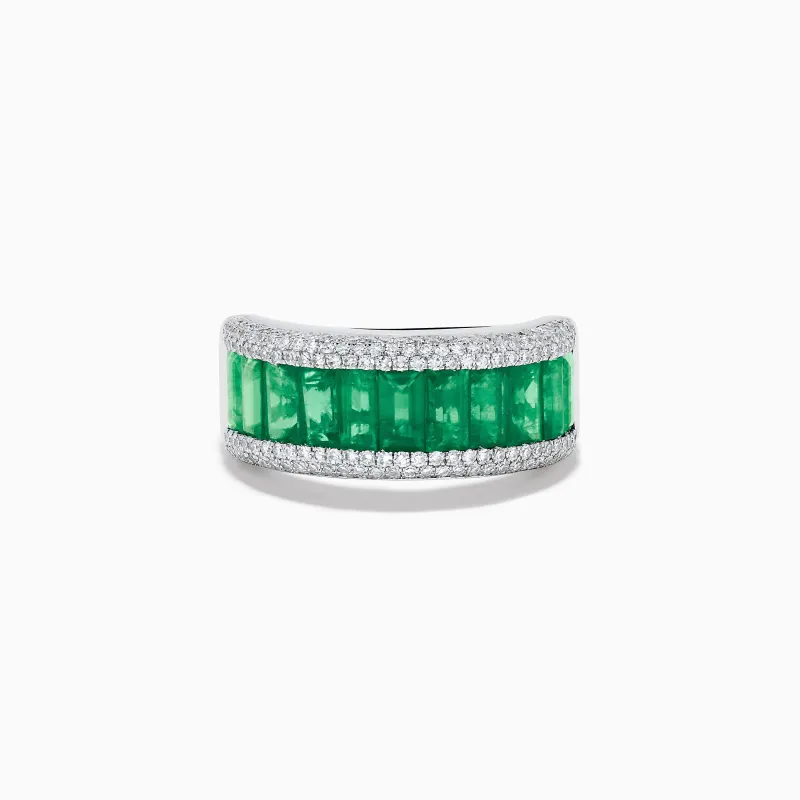 14K White Gold Emerald Baguette and Pavé Diamond Ring made by Effy