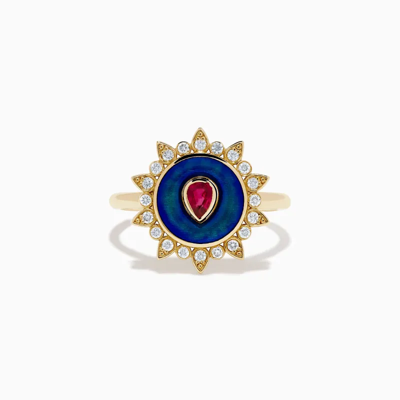 14K Yellow Gold Ruby, Diamond, and Enamel Ring made by Effy