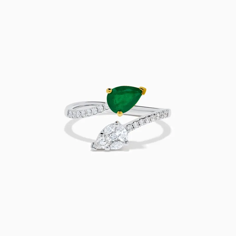 14K Two Tone Gold Emerald and Diamond Toi et Moi Ring made by Effy