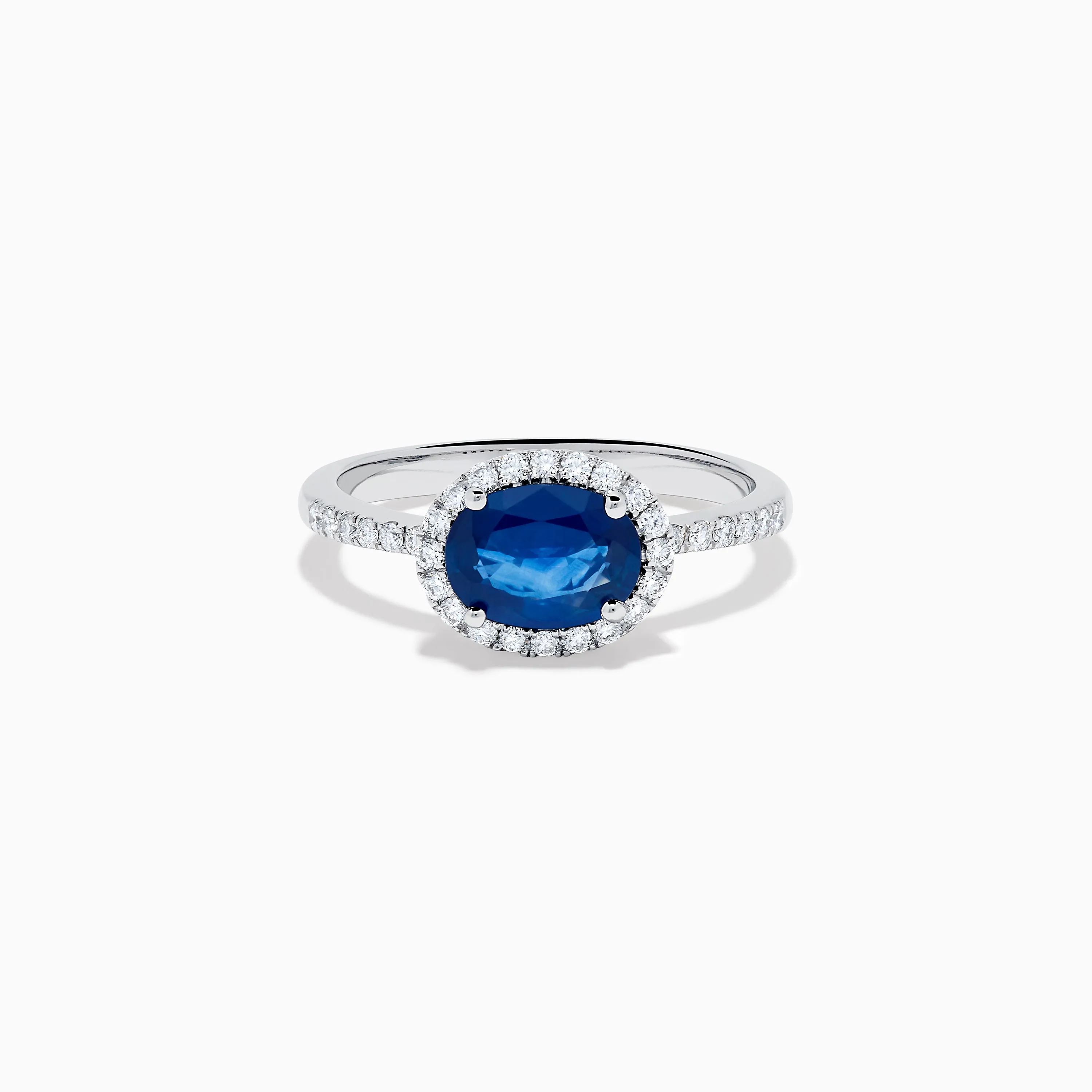 14K White Gold Blue Sapphire and Diamond East West Halo Ring sold by Effy