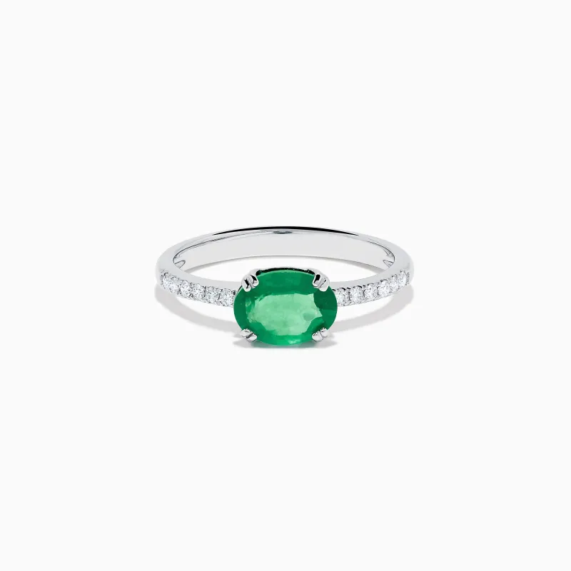 14K White Gold East West Oval Emerald and Diamond Ring made by Effy