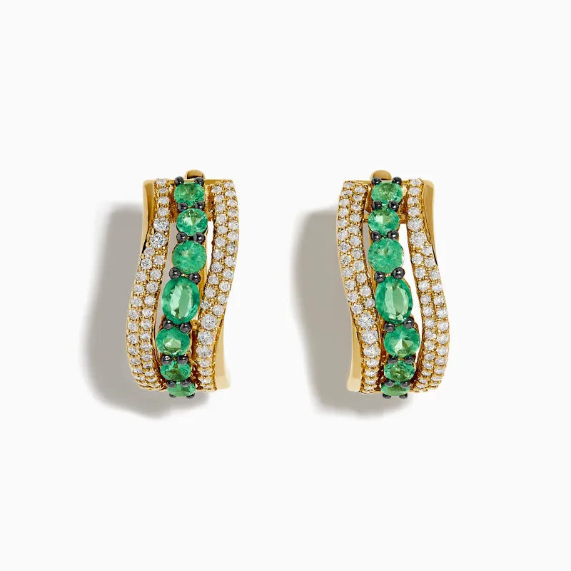 14K Yellow Gold Emerald and Diamond Hoop Earrings made by Effy