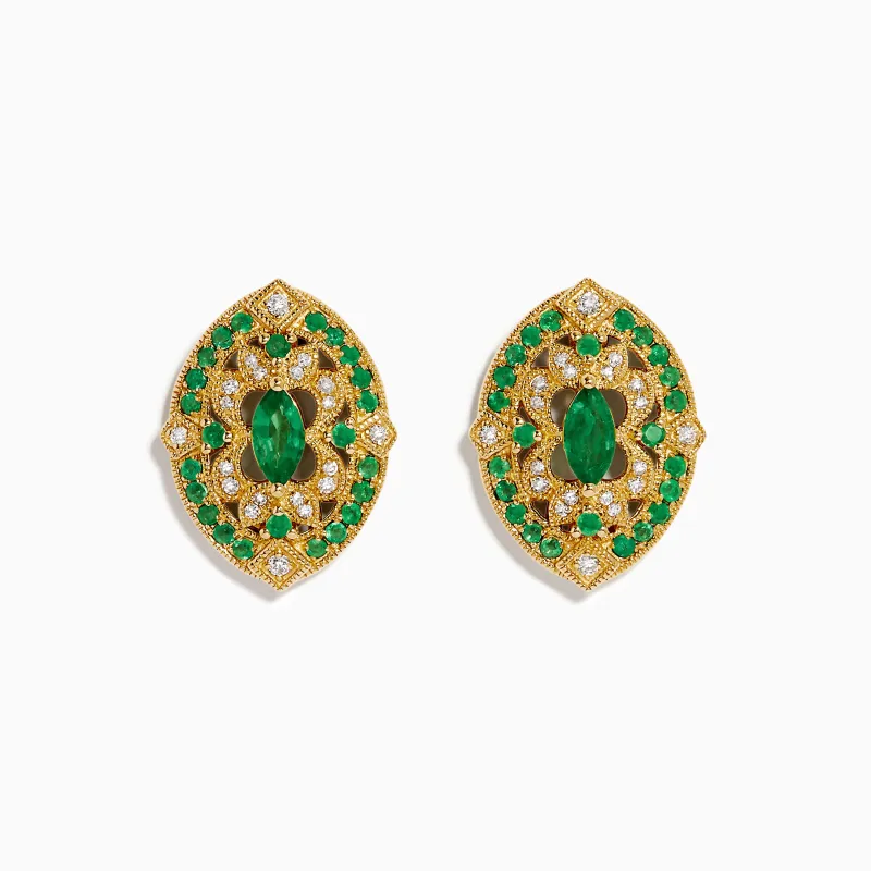 14K Yellow Gold Emerald and Diamond Filigree Stud Earrings made by Effy