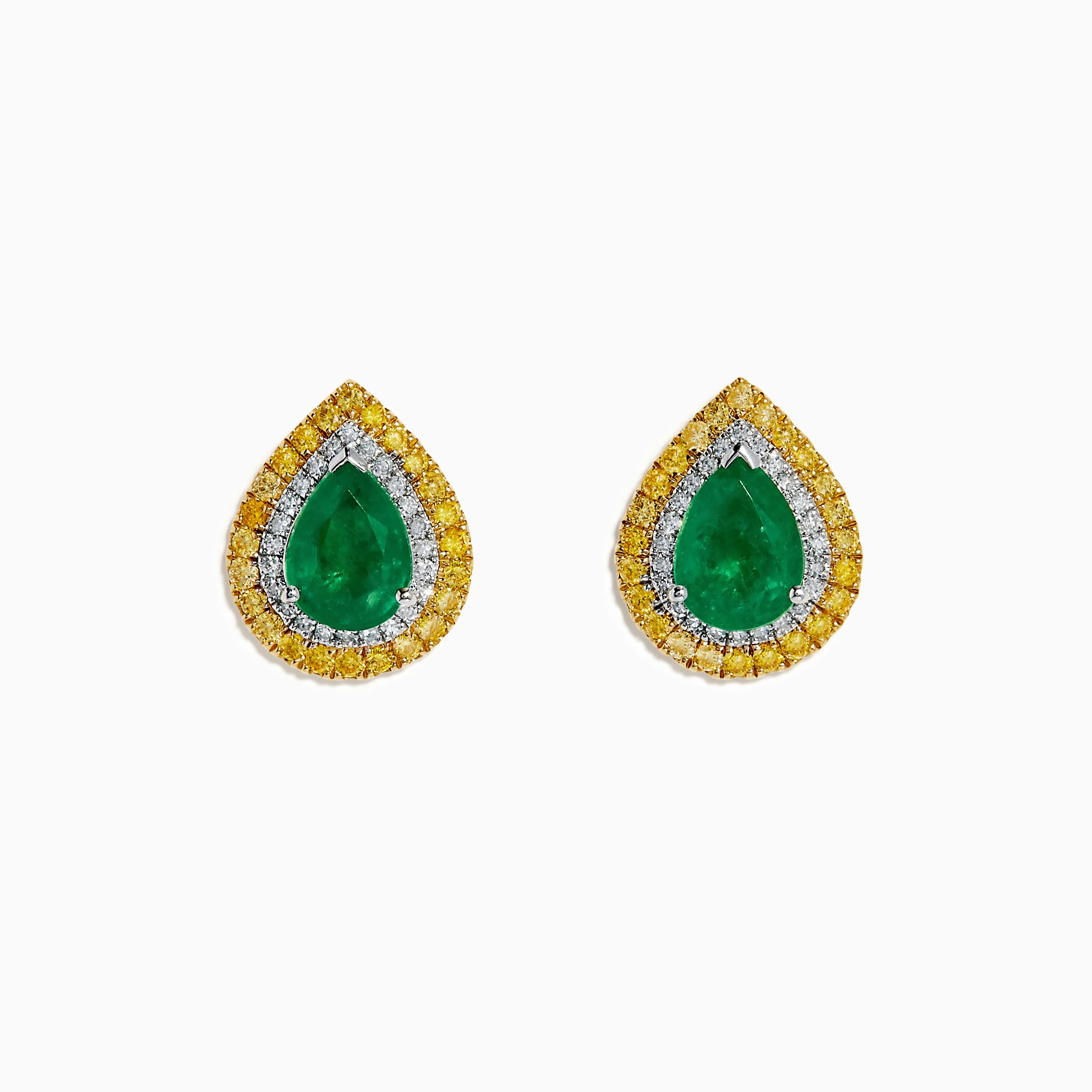 14K Two Tone Gold Emerald, White and Yellow Diamond Double Halo Earrings sold by Effy