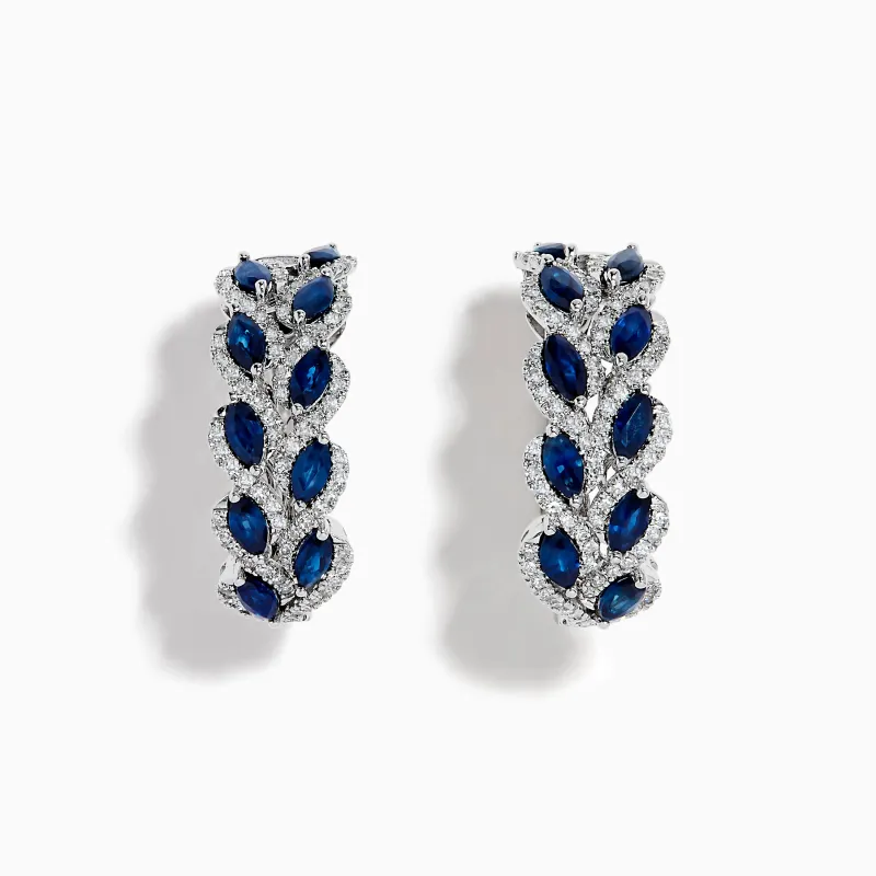 14K White Gold Sapphire and Diamond Leaf Motif Hoop Earrings made by Effy