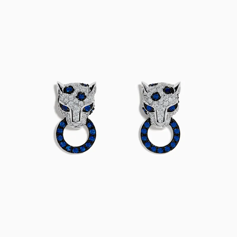 Signature 14K White Gold Blue Sapphire and Diamond Panther Dangle Earrings made by Effy