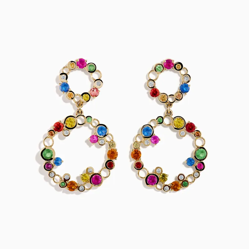 Watercolors 14K Gold Multi Sapphire and Diamond Dangle Bubble Earrings made by Effy
