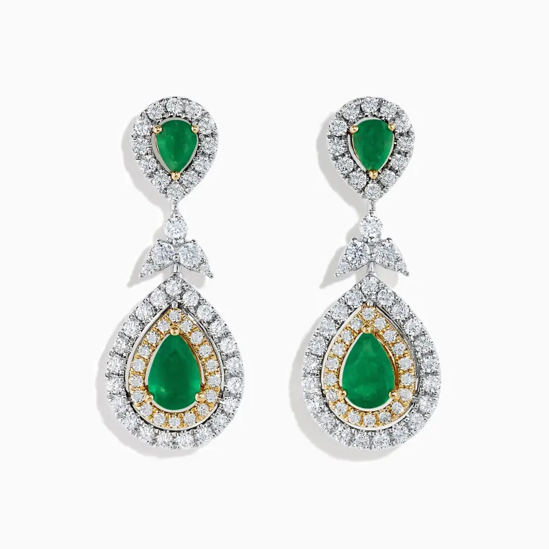 14K Two Tone Gold Emerald and Diamond Double Pear Drop Earrings made by Effy