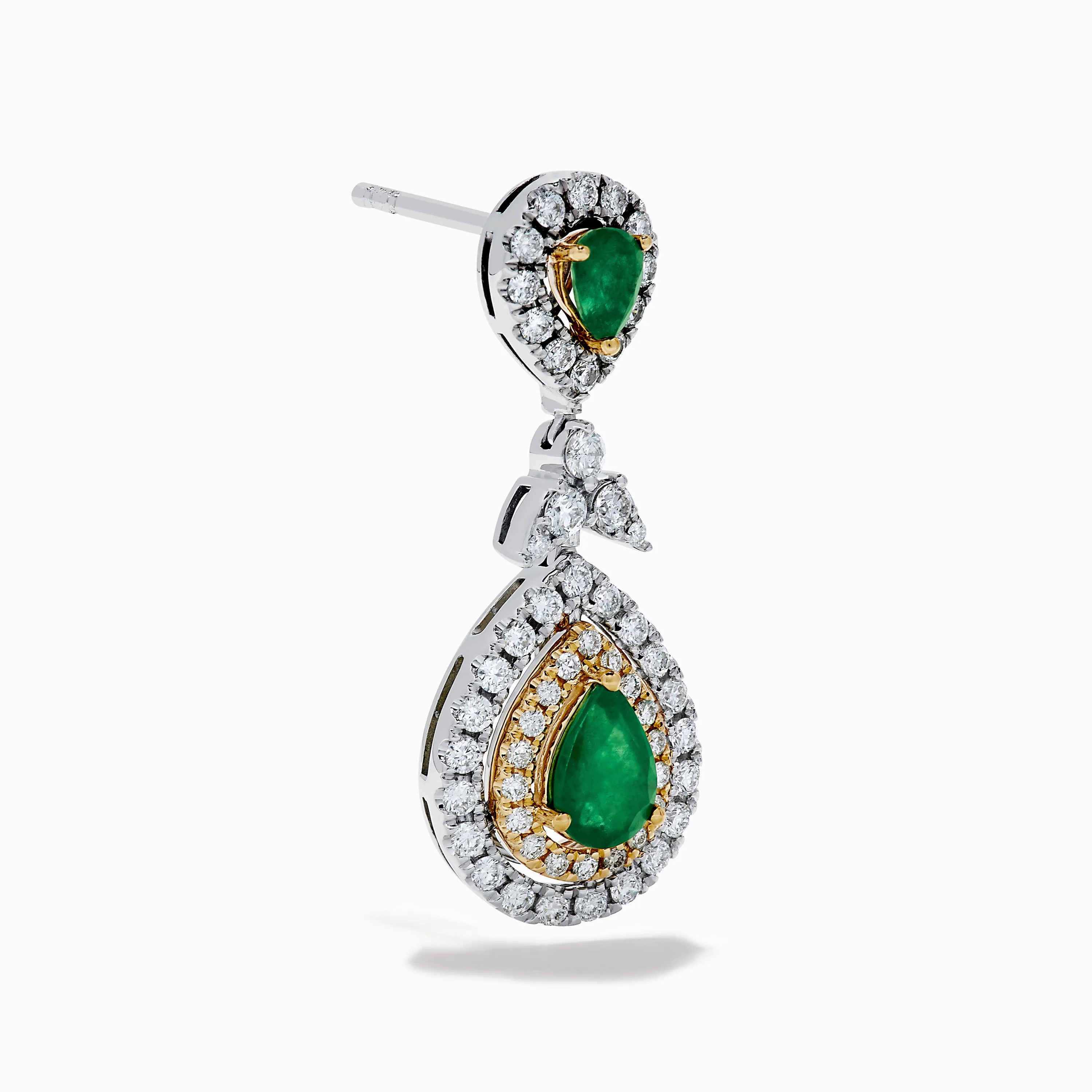 14K Two Tone Gold Emerald and Diamond Double Pear Drop Earrings sold by Effy product image thumbnail 3