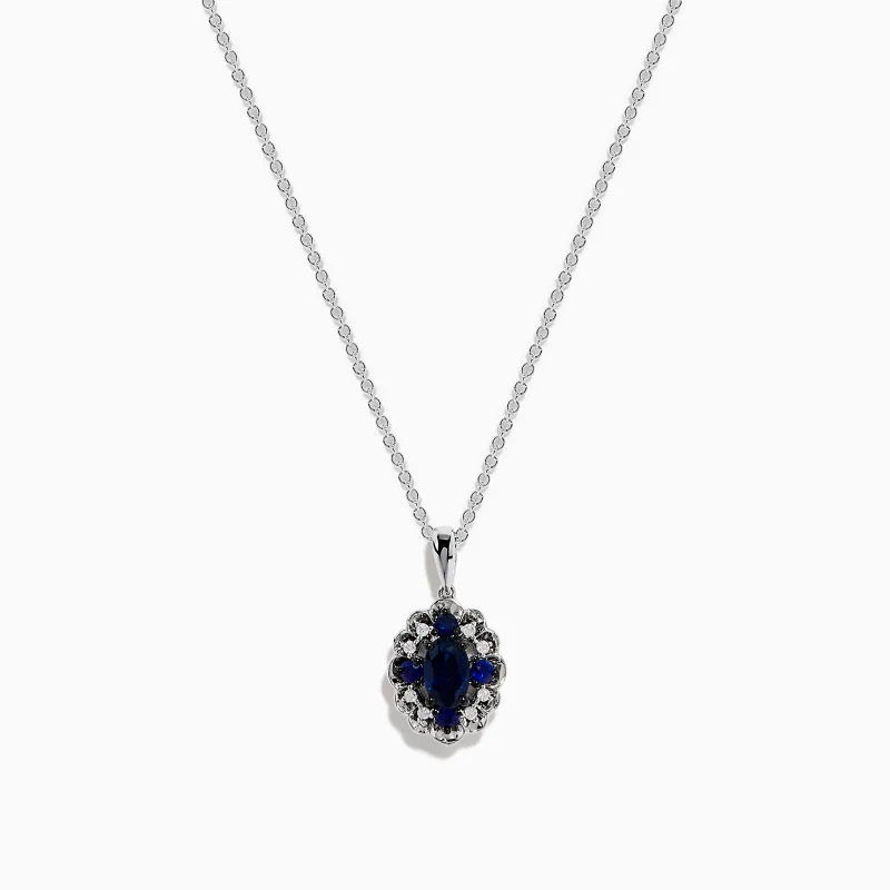 14K White Gold Sapphire and Diamond Vintage Halo Pendant made by Effy