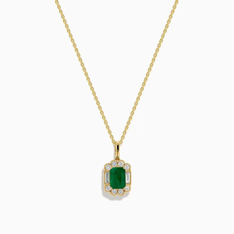 14K Yellow Gold Emerald and Diamond Halo Pendant made by Effy